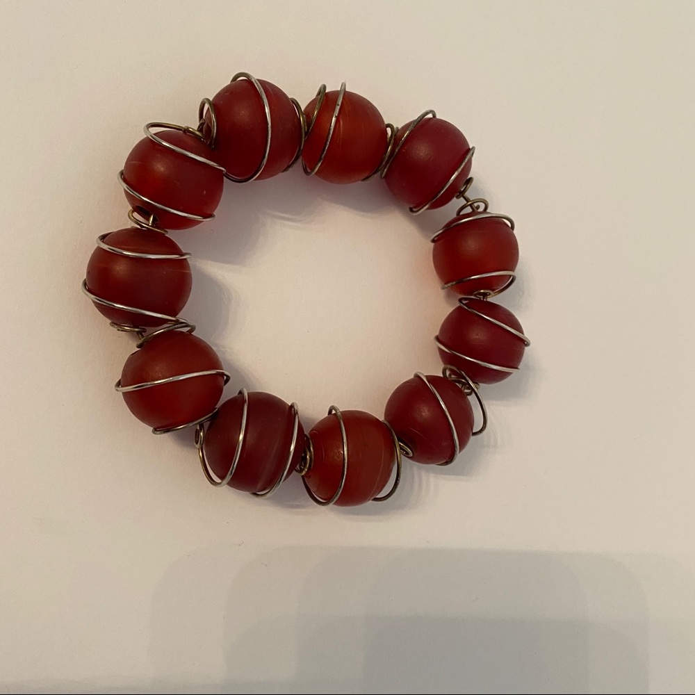 BRACELET RED GLASS BALLS SILVER TONE WIRE WRAP SLIP ON STYLE SMALL